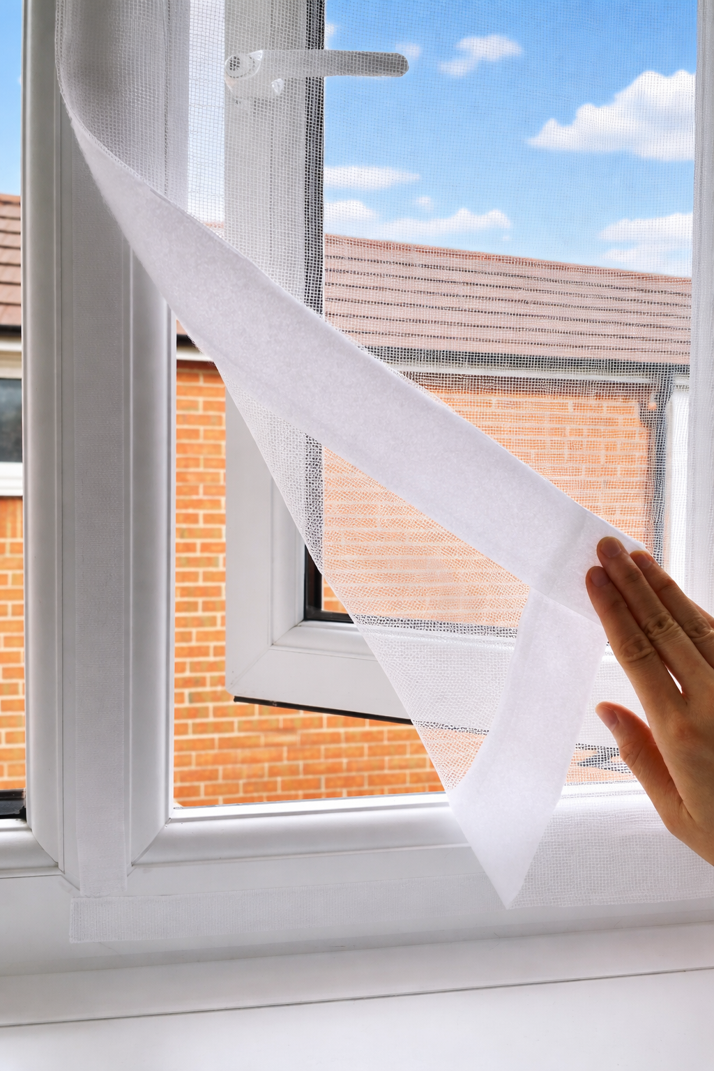 A hand pulling a white mesh screen along a white window frame, demonstrating the installation or removal of a window screen.