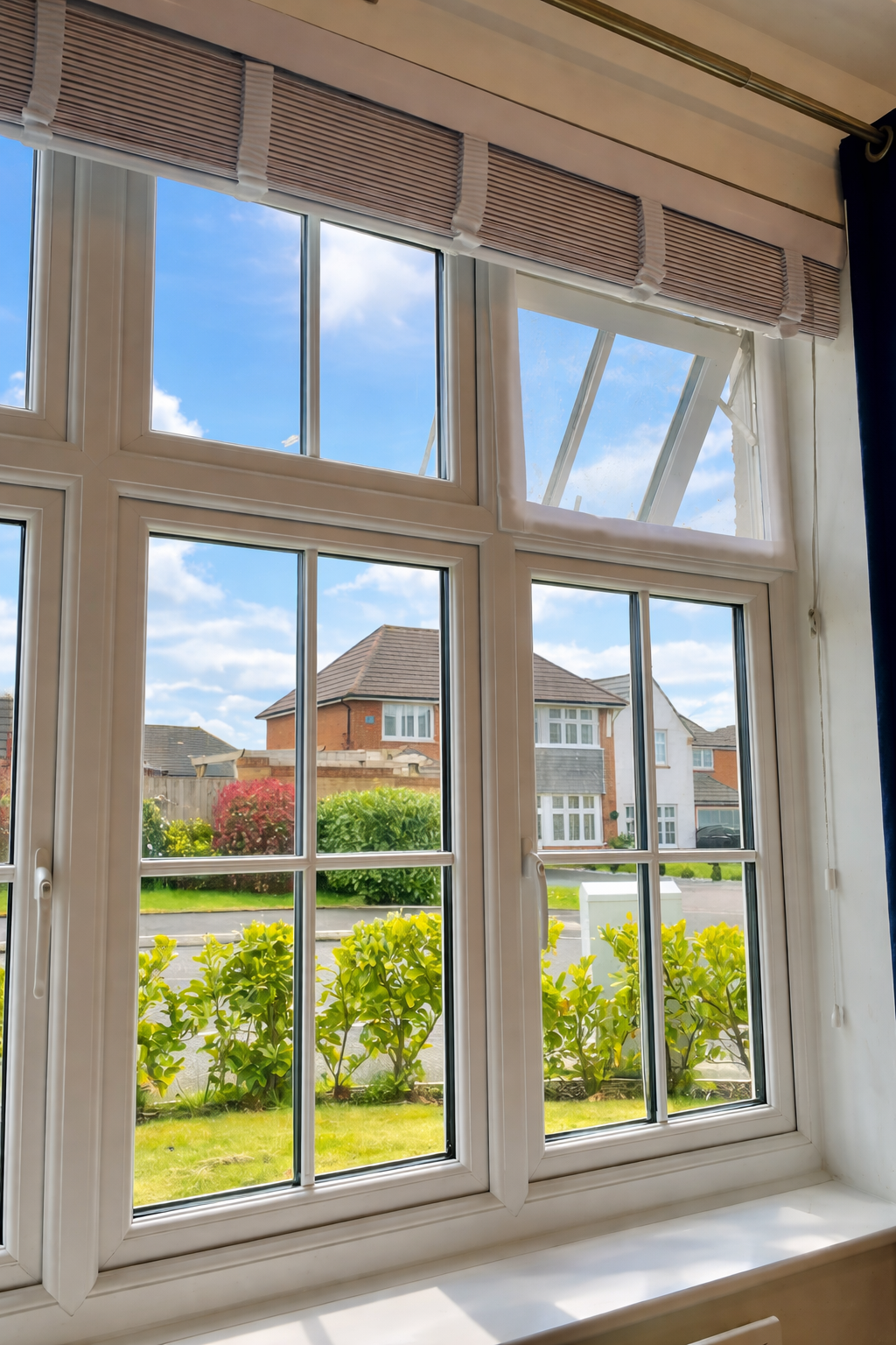 A white multi-pane double-glazing window with a partially open top window, fitted with a custom window screen, set against a view of a green garden and suburban house.